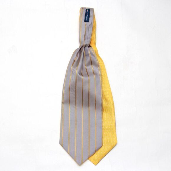 Mens Cravat Ascot 100%Silk Reversible Yellow Grey A166 Gift Box - Picture 5 of 6